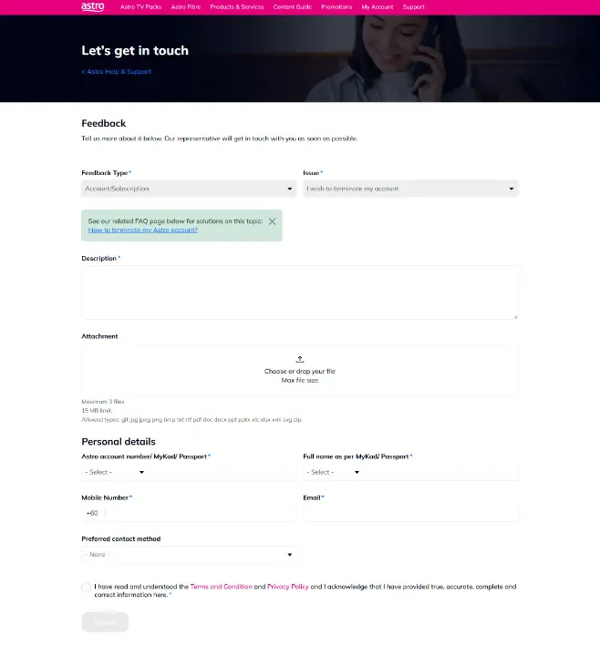 borang terminate Astro