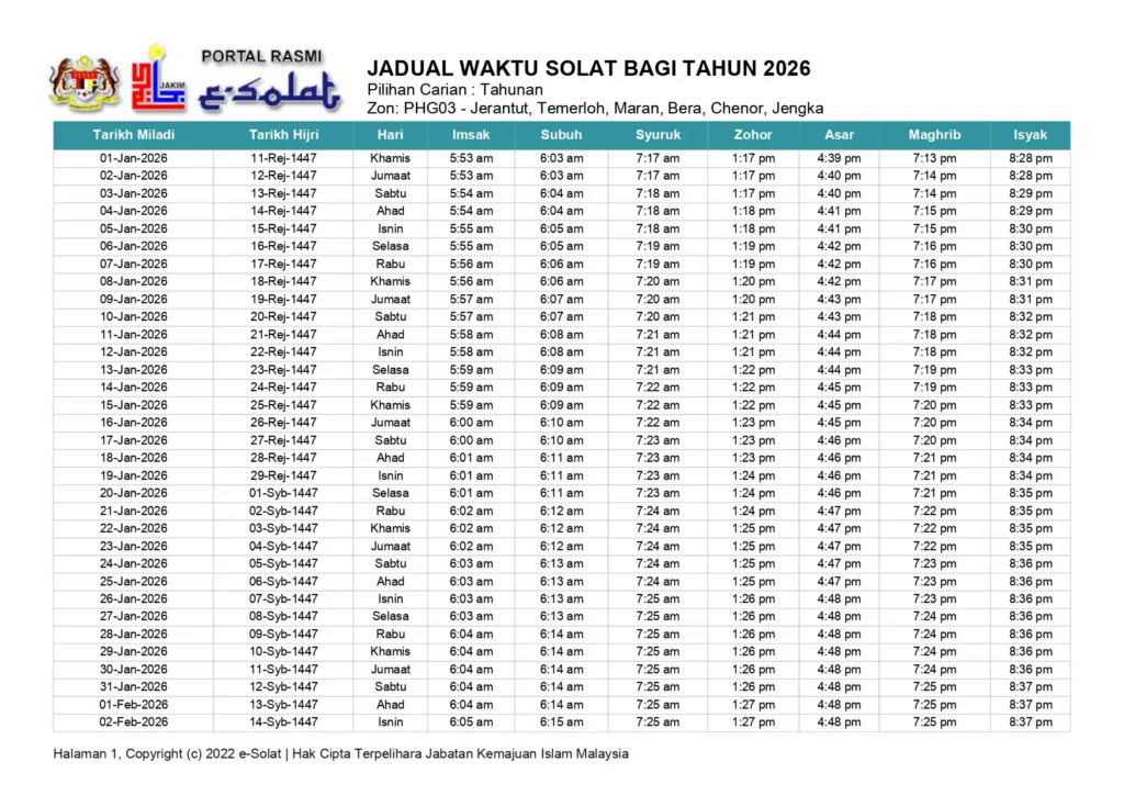 jadual waktu solat temerloh