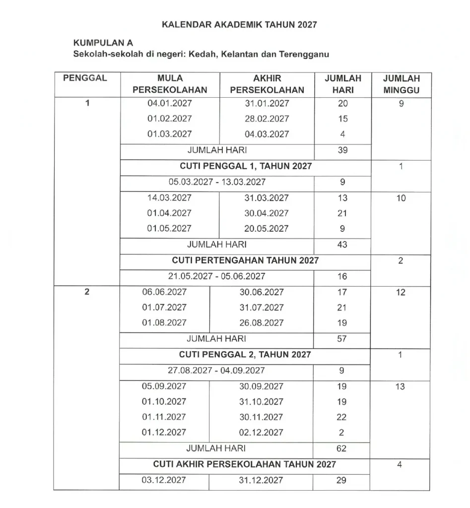 kalendar akademik 2027 kumpulan A