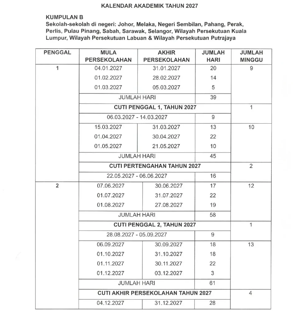 kalendar akademik 2027 kumpulan B